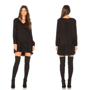 NWT Rails Lydia Black Stars Linen Rayon Embroidered Boho Babydoll Dress‎ Sz S